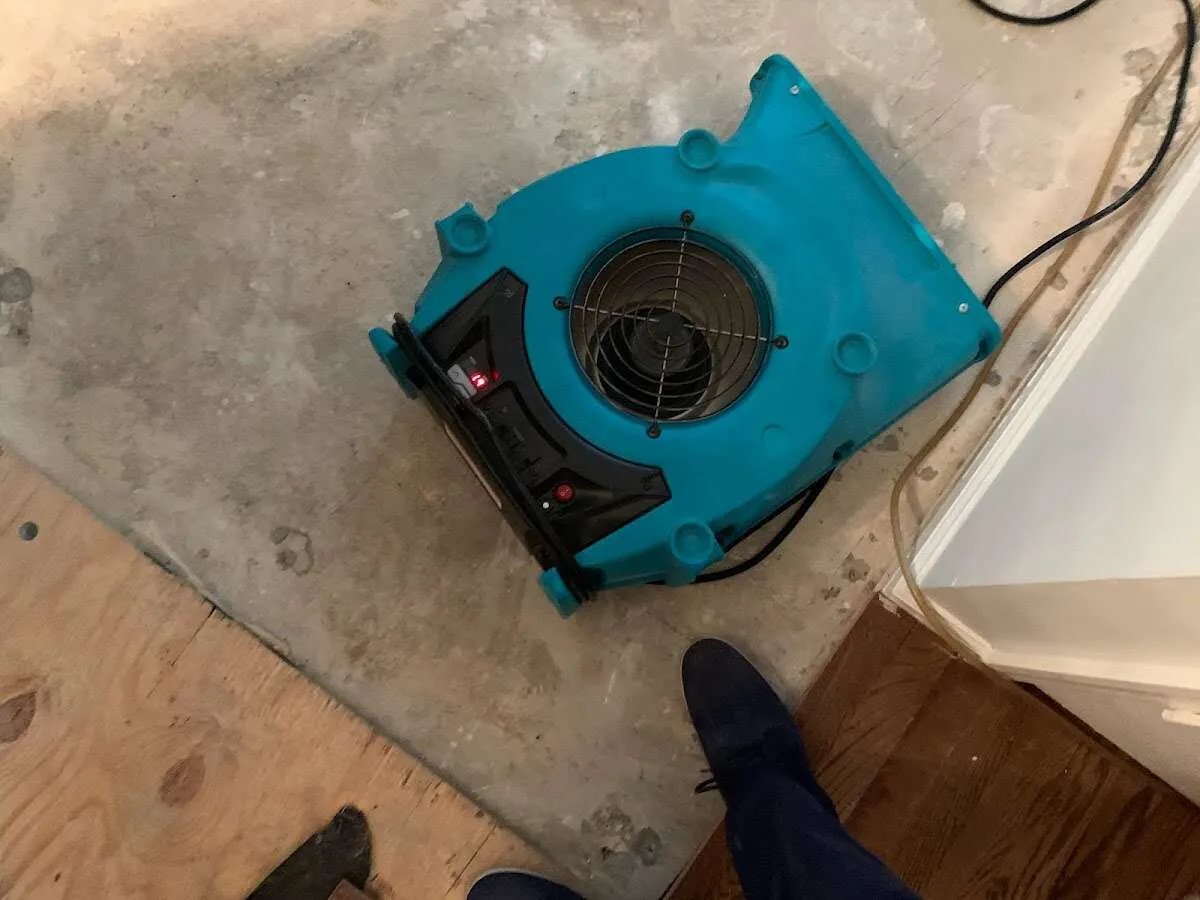 Air mover drying subfloor during Leak Detection & Repair in Cary